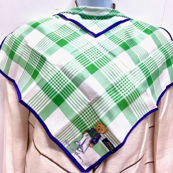 Polo Ralph Lauren  Mini Scarf Handkerchief 19: white green check with Bear (93) - Picture 2 of 7
